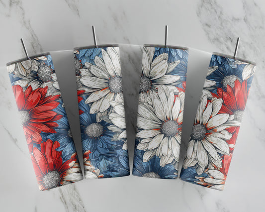 RED, WHITE & BLUE DAISIES SUBLIMATION TUMBLER